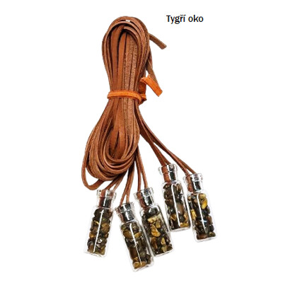 Lahvičky s kamínky, na koženém řemínku